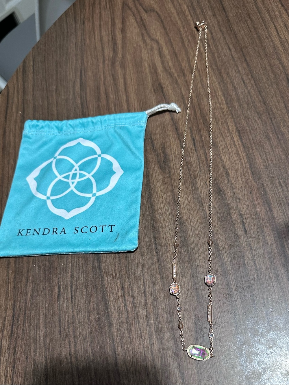 Kendra Scott Rose Gold Tone Necklace with Iridescent Stones (pouch NOT included)
